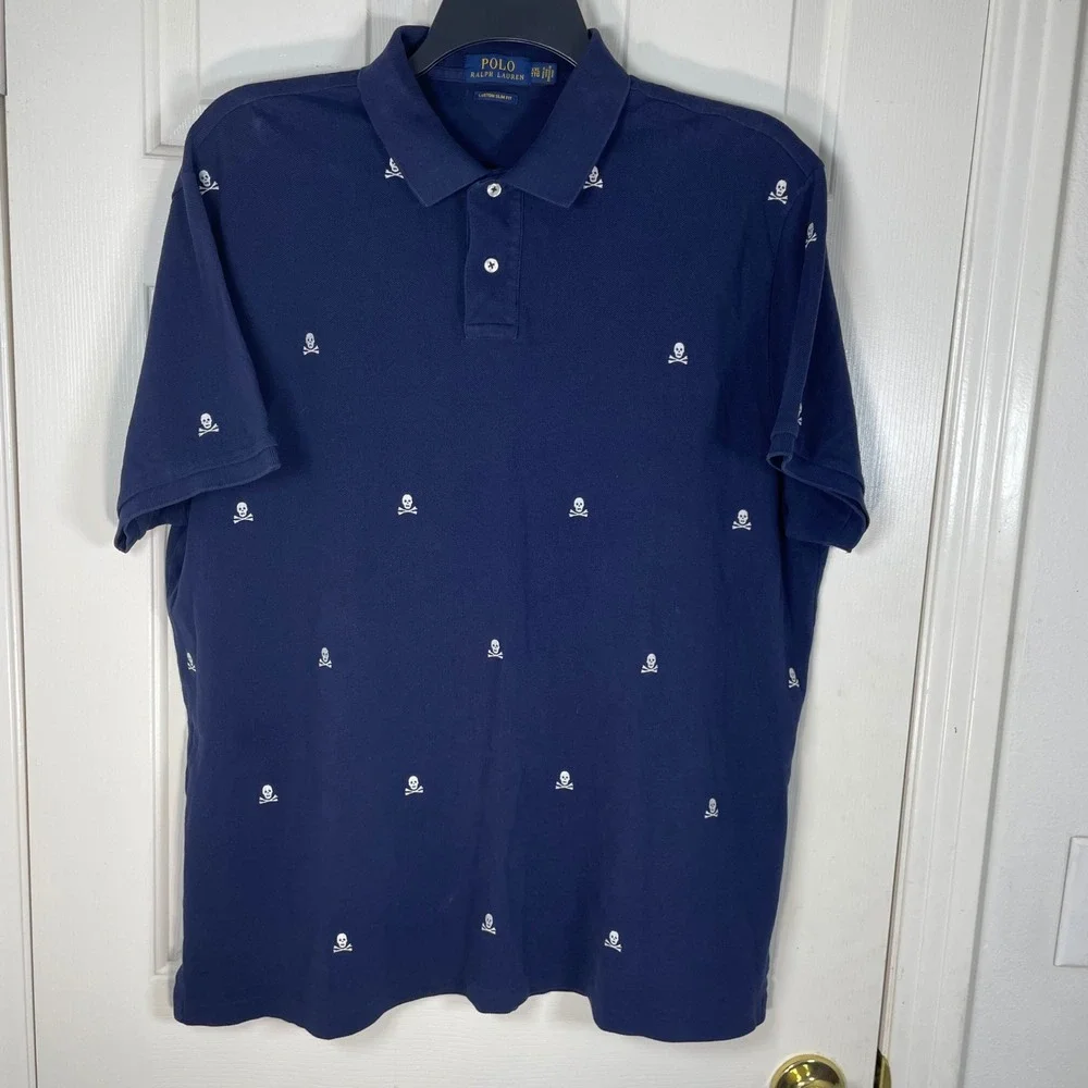 Polo Ralph Lauren Skull Crossbones Custom Slim Fit Polo Shirt Mens XXL Navy Blue